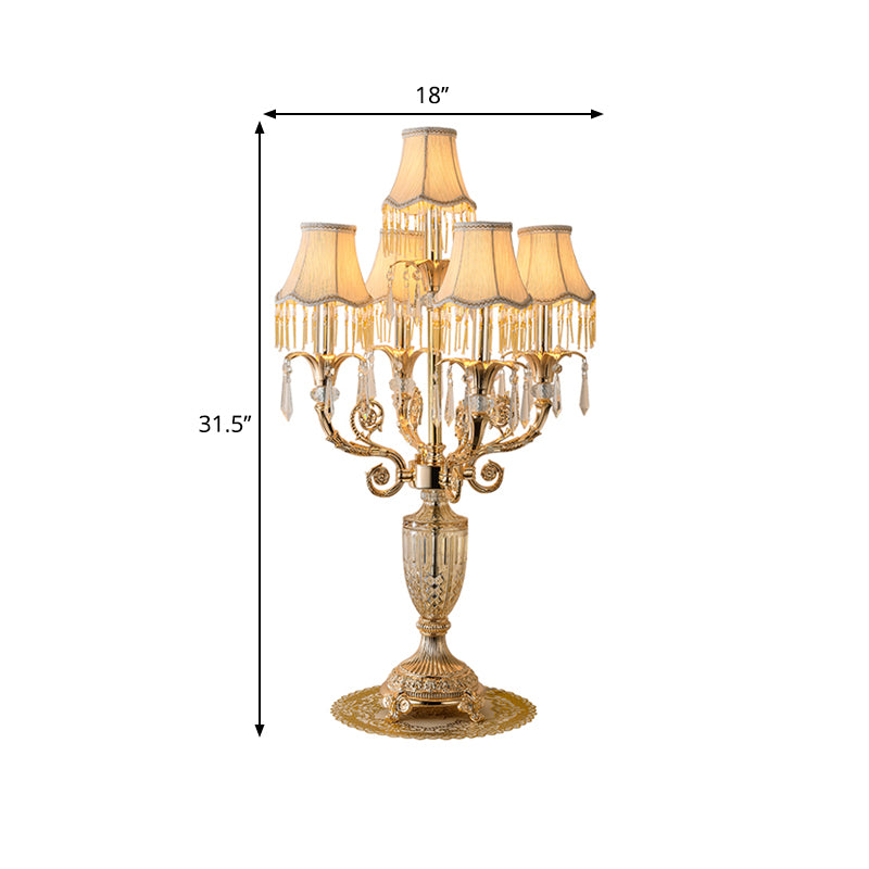5 Bulbs Crystal Spears Table Light Traditional Gold Candlestick Parlor Nightstand Lamp with/without Fabric Bell Shade Clearhalo 'Lamps' 'Table Lamps' Lighting' 1503134