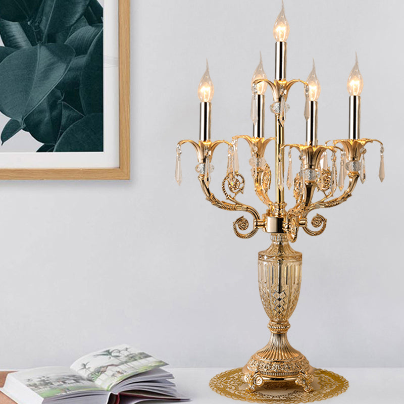 5 Bulbs Crystal Spears Table Light Traditional Gold Candlestick Parlor Nightstand Lamp with/without Fabric Bell Shade Chrome Shadeless Clearhalo 'Lamps' 'Table Lamps' Lighting' 1503135