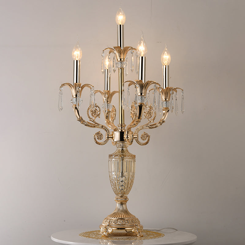 5 Bulbs Crystal Spears Table Light Traditional Gold Candlestick Parlor Nightstand Lamp with/without Fabric Bell Shade Clearhalo 'Lamps' 'Table Lamps' Lighting' 1503136