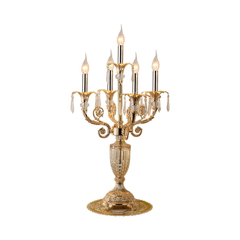 5 Bulbs Crystal Spears Table Light Traditional Gold Candlestick Parlor Nightstand Lamp with/without Fabric Bell Shade Clearhalo 'Lamps' 'Table Lamps' Lighting' 1503138