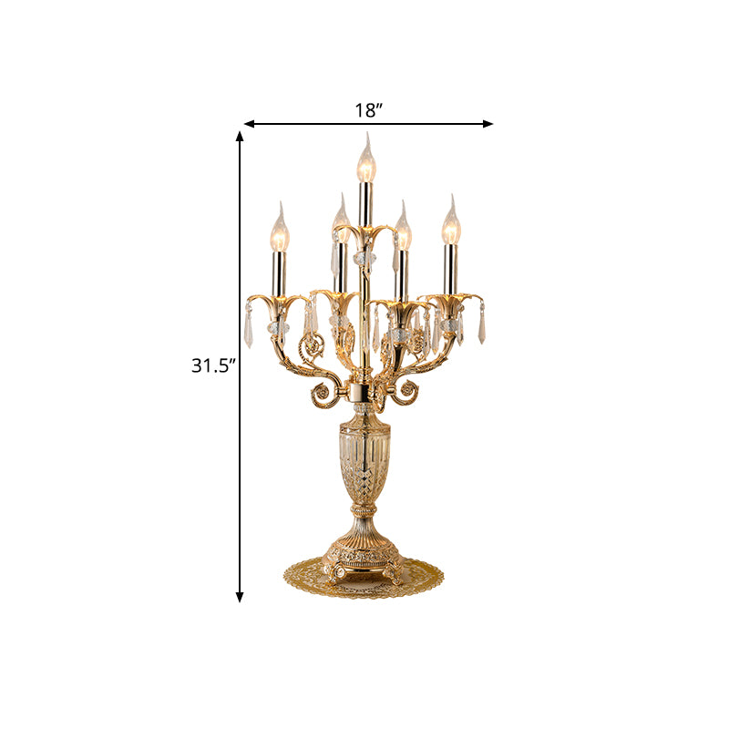 5 Bulbs Crystal Spears Table Light Traditional Gold Candlestick Parlor Nightstand Lamp with/without Fabric Bell Shade Clearhalo 'Lamps' 'Table Lamps' Lighting' 1503139