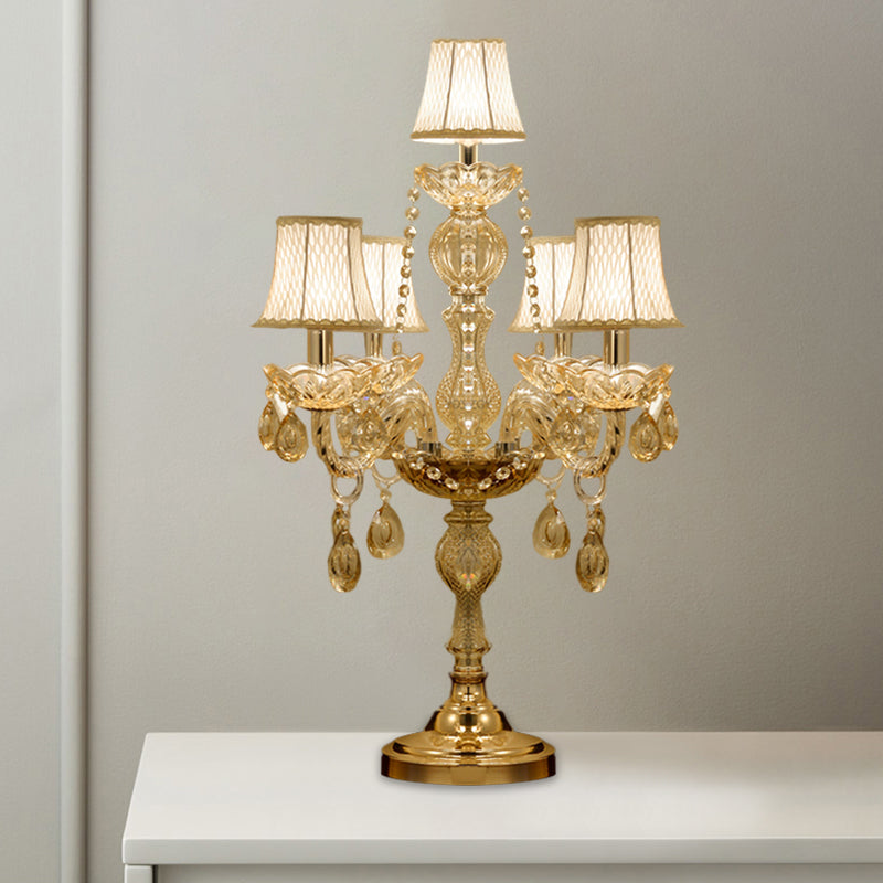5/6 Heads Candelabra Table Light Traditional Gold Crystal Droplets Nightstand Lamp with/without White Bell Fabric Shade 5.0 Gold With Shade Clearhalo 'Lamps' 'Table Lamps' Lighting' 1503140