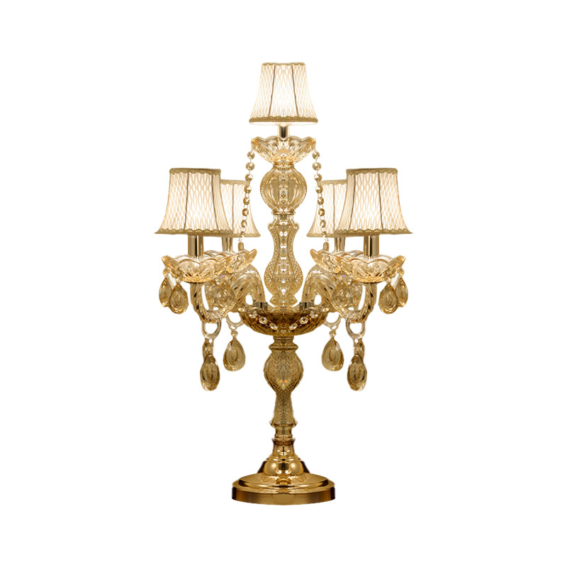 5/6 Heads Candelabra Table Light Traditional Gold Crystal Droplets Nightstand Lamp with/without White Bell Fabric Shade Clearhalo 'Lamps' 'Table Lamps' Lighting' 1503142
