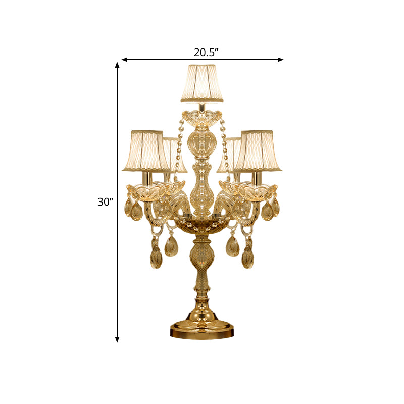 5/6 Heads Candelabra Table Light Traditional Gold Crystal Droplets Nightstand Lamp with/without White Bell Fabric Shade Clearhalo 'Lamps' 'Table Lamps' Lighting' 1503143