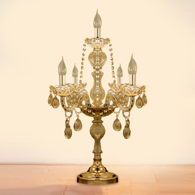 5/6 Heads Candelabra Table Light Traditional Gold Crystal Droplets Nightstand Lamp with/without White Bell Fabric Shade Clearhalo 'Lamps' 'Table Lamps' Lighting' 1503146
