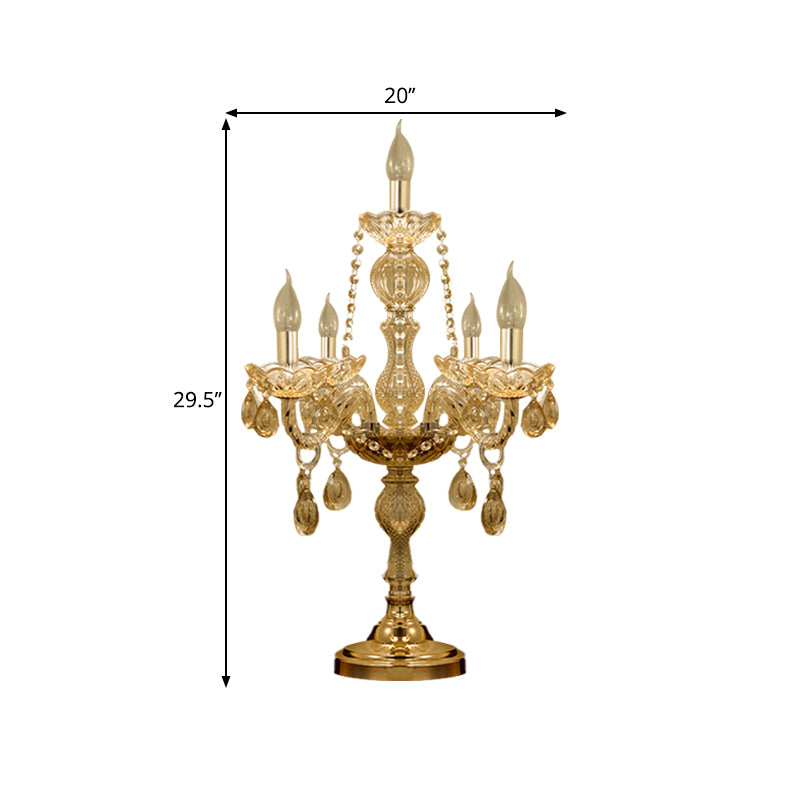 5/6 Heads Candelabra Table Light Traditional Gold Crystal Droplets Nightstand Lamp with/without White Bell Fabric Shade Clearhalo 'Lamps' 'Table Lamps' Lighting' 1503148