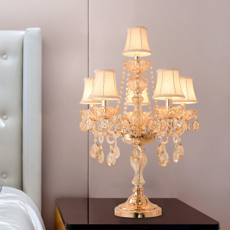 5/6 Heads Candelabra Table Light Traditional Gold Crystal Droplets Nightstand Lamp with/without White Bell Fabric Shade 6.0 Gold With Shade Clearhalo 'Lamps' 'Table Lamps' Lighting' 1503149