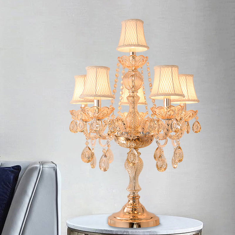 5/6 Heads Candelabra Table Light Traditional Gold Crystal Droplets Nightstand Lamp with/without White Bell Fabric Shade Clearhalo 'Lamps' 'Table Lamps' Lighting' 1503150