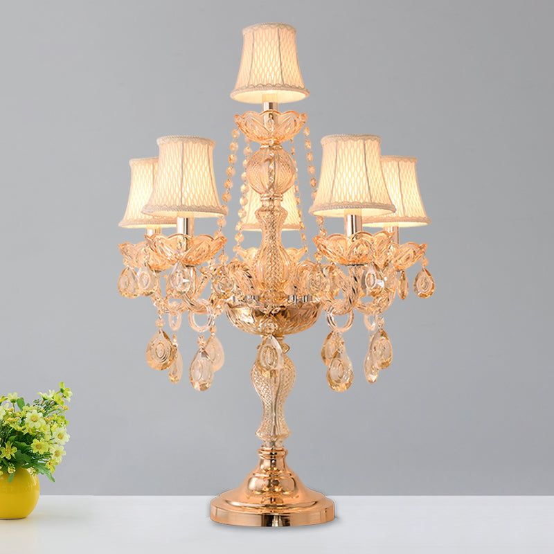 5/6 Heads Candelabra Table Light Traditional Gold Crystal Droplets Nightstand Lamp with/without White Bell Fabric Shade Clearhalo 'Lamps' 'Table Lamps' Lighting' 1503151