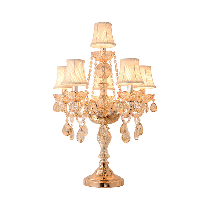 5/6 Heads Candelabra Table Light Traditional Gold Crystal Droplets Nightstand Lamp with/without White Bell Fabric Shade Clearhalo 'Lamps' 'Table Lamps' Lighting' 1503152