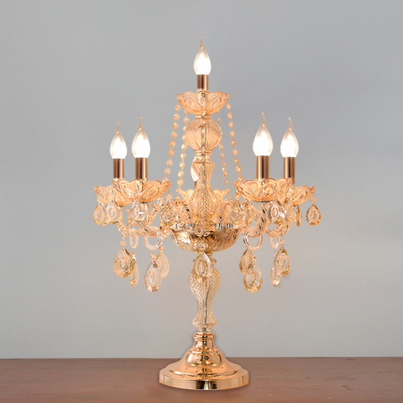 5/6 Heads Candelabra Table Light Traditional Gold Crystal Droplets Nightstand Lamp with/without White Bell Fabric Shade 6.0 Gold Shadeless Clearhalo 'Lamps' 'Table Lamps' Lighting' 1503154