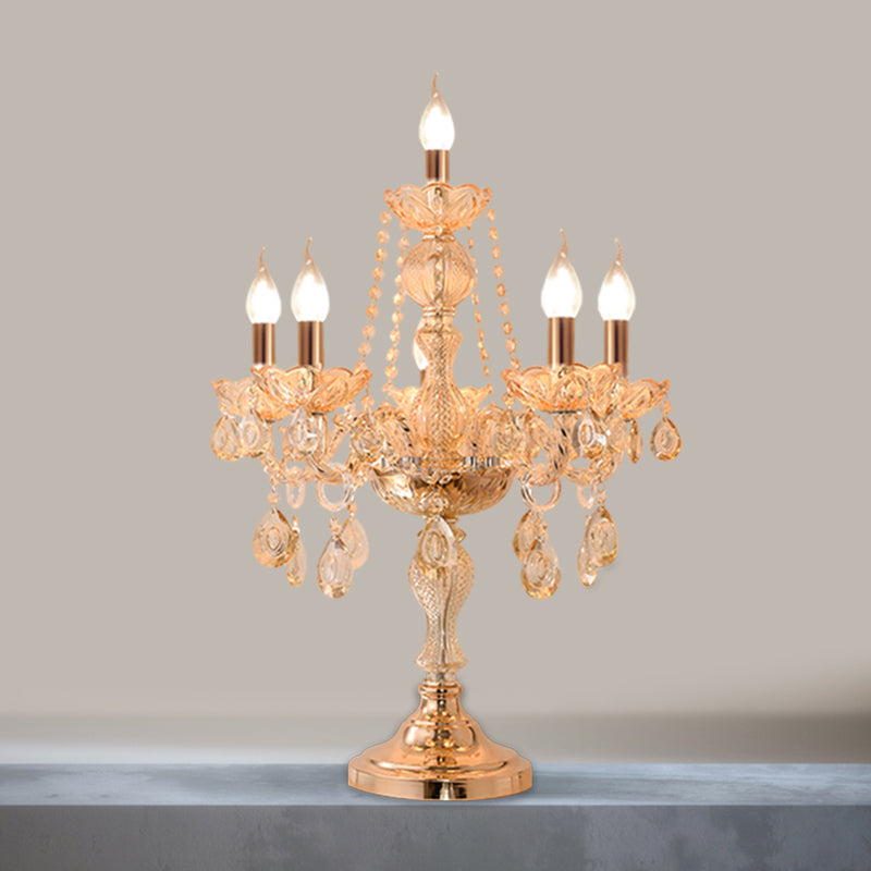 5/6 Heads Candelabra Table Light Traditional Gold Crystal Droplets Nightstand Lamp with/without White Bell Fabric Shade Clearhalo 'Lamps' 'Table Lamps' Lighting' 1503155