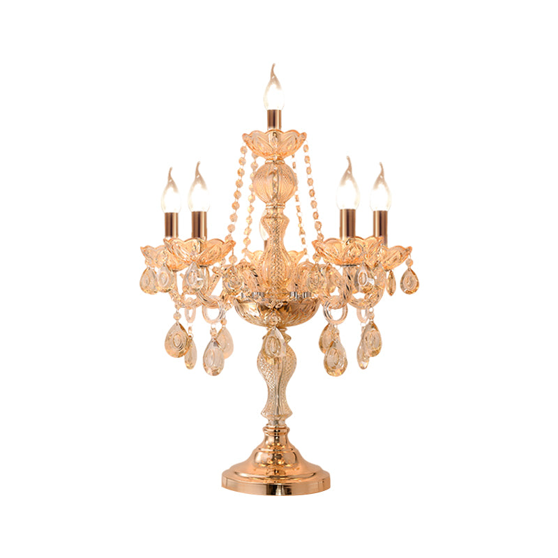 5/6 Heads Candelabra Table Light Traditional Gold Crystal Droplets Nightstand Lamp with/without White Bell Fabric Shade Clearhalo 'Lamps' 'Table Lamps' Lighting' 1503157