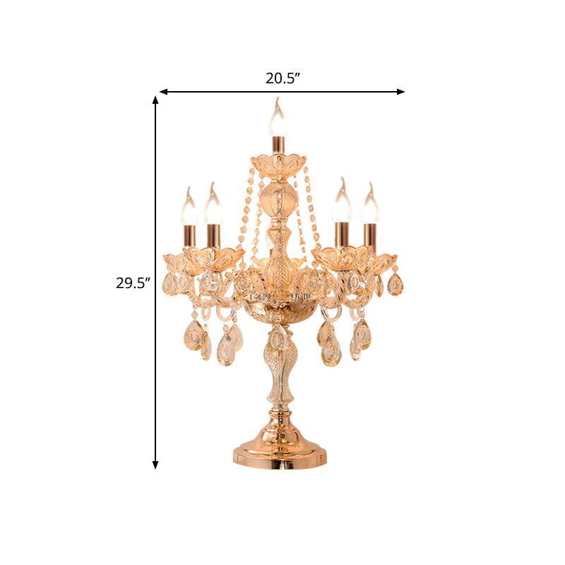 5/6 Heads Candelabra Table Light Traditional Gold Crystal Droplets Nightstand Lamp with/without White Bell Fabric Shade Clearhalo 'Lamps' 'Table Lamps' Lighting' 1503158