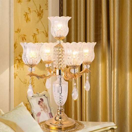Gold Candelabra Nightstand Lamp Traditional Crystal Beads 5 Heads Bedroom Table Light with Clear Flower Shade Clearhalo 'Lamps' 'Table Lamps' Lighting' 1503187