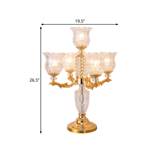 Gold Candelabra Nightstand Lamp Traditional Crystal Beads 5 Heads Bedroom Table Light with Clear Flower Shade Clearhalo 'Lamps' 'Table Lamps' Lighting' 1503189
