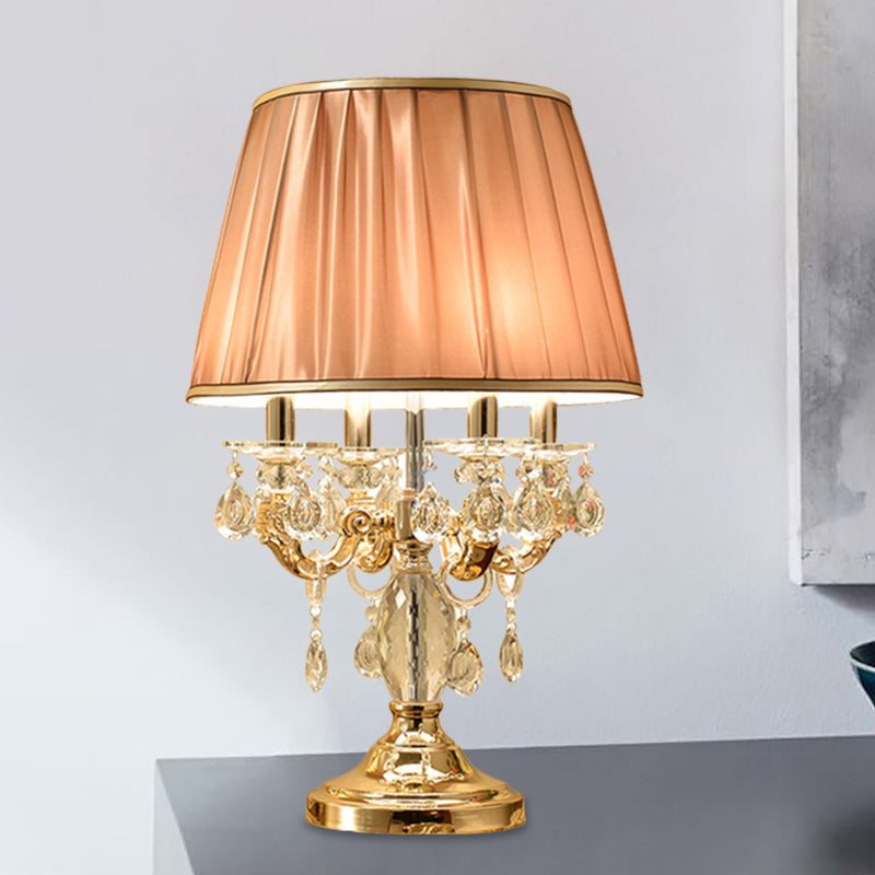 Metal Candelabra Shaded Table Light Traditional 4 Heads Sleeping Room Nightstand Lamp in Gold with Crystal Raindrops Clearhalo 'Lamps' 'Table Lamps' Lighting' 1503195