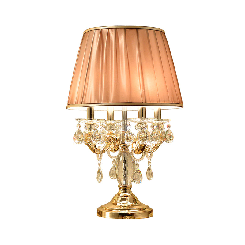 Metal Candelabra Shaded Table Light Traditional 4 Heads Sleeping Room Nightstand Lamp in Gold with Crystal Raindrops Clearhalo 'Lamps' 'Table Lamps' Lighting' 1503196