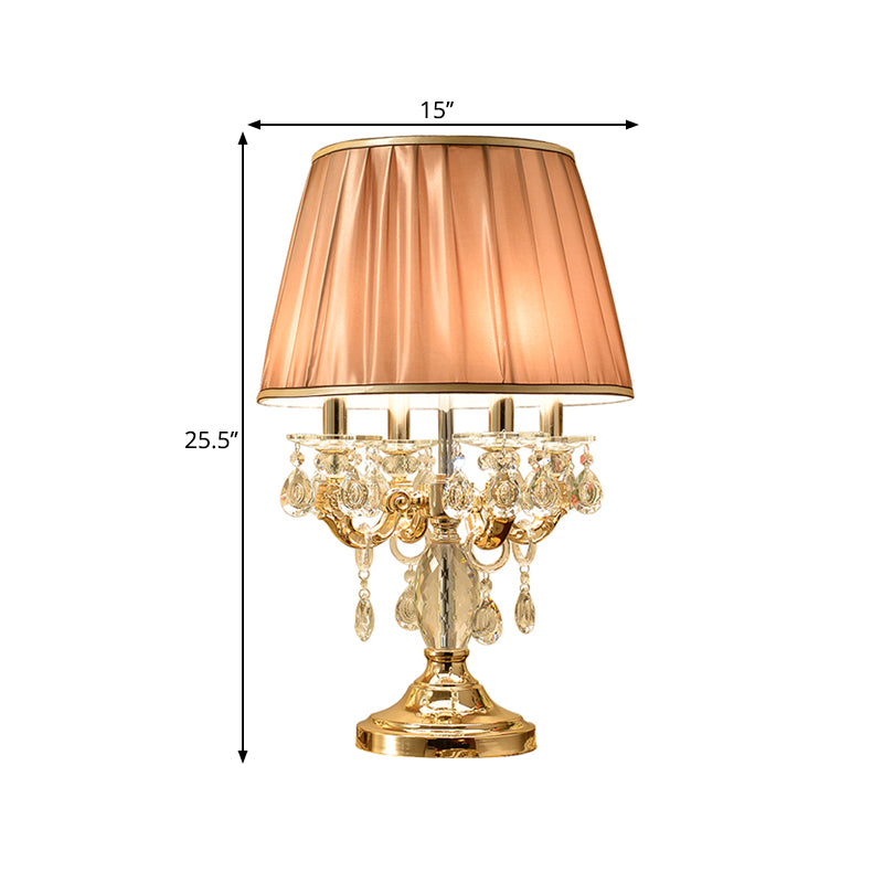 Metal Candelabra Shaded Table Light Traditional 4 Heads Sleeping Room Nightstand Lamp in Gold with Crystal Raindrops Clearhalo 'Lamps' 'Table Lamps' Lighting' 1503197