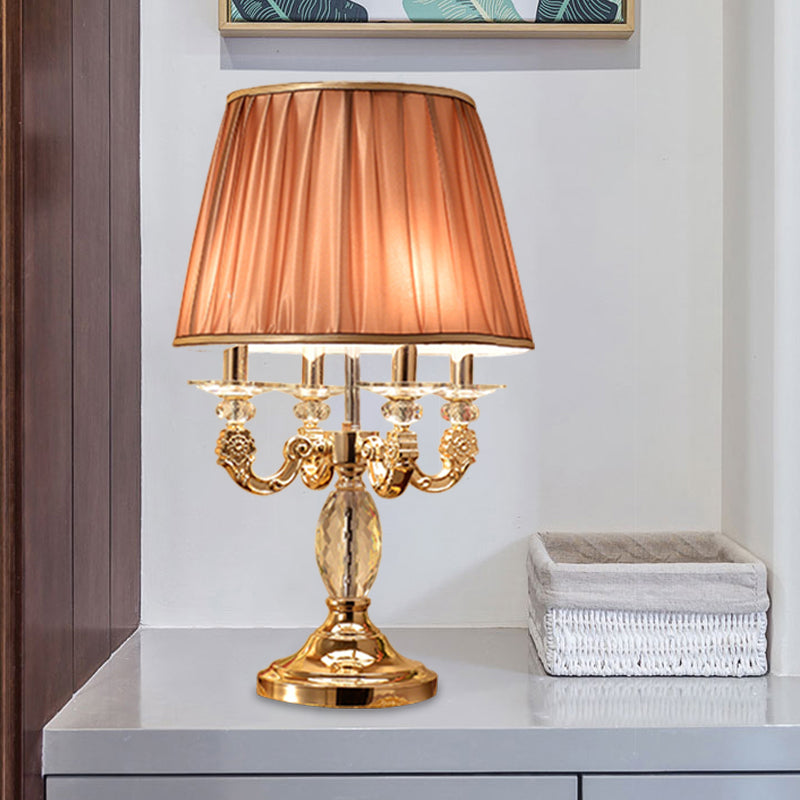 Metal Candelabra Shaded Table Light Traditional 4 Heads Sleeping Room Nightstand Lamp in Gold with Crystal Raindrops Gold B Clearhalo 'Lamps' 'Table Lamps' Lighting' 1503198