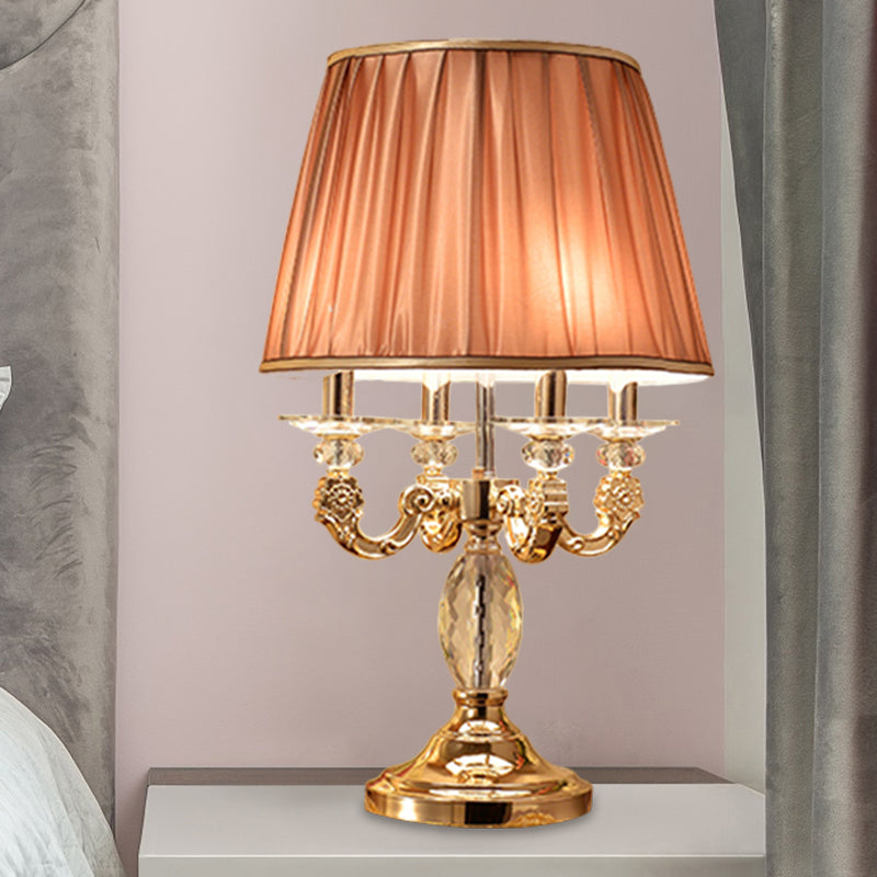 Metal Candelabra Shaded Table Light Traditional 4 Heads Sleeping Room Nightstand Lamp in Gold with Crystal Raindrops Clearhalo 'Lamps' 'Table Lamps' Lighting' 1503199