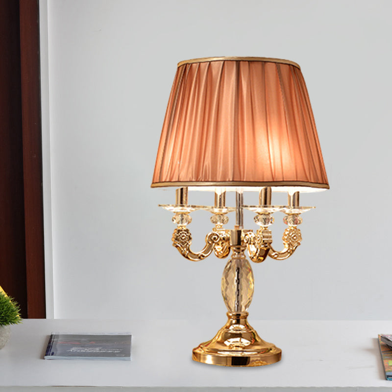 Metal Candelabra Shaded Table Light Traditional 4 Heads Sleeping Room Nightstand Lamp in Gold with Crystal Raindrops Clearhalo 'Lamps' 'Table Lamps' Lighting' 1503200