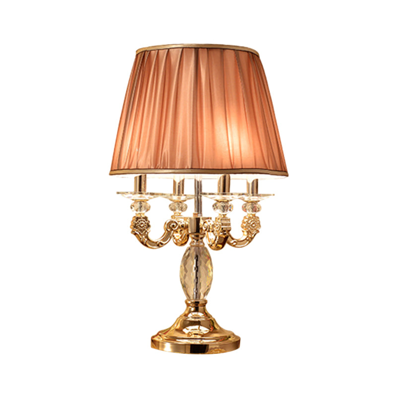 Metal Candelabra Shaded Table Light Traditional 4 Heads Sleeping Room Nightstand Lamp in Gold with Crystal Raindrops Clearhalo 'Lamps' 'Table Lamps' Lighting' 1503201