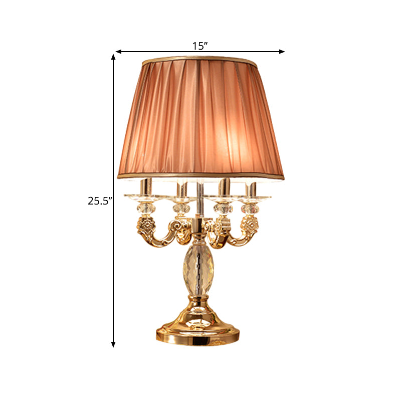 Metal Candelabra Shaded Table Light Traditional 4 Heads Sleeping Room Nightstand Lamp in Gold with Crystal Raindrops Clearhalo 'Lamps' 'Table Lamps' Lighting' 1503202