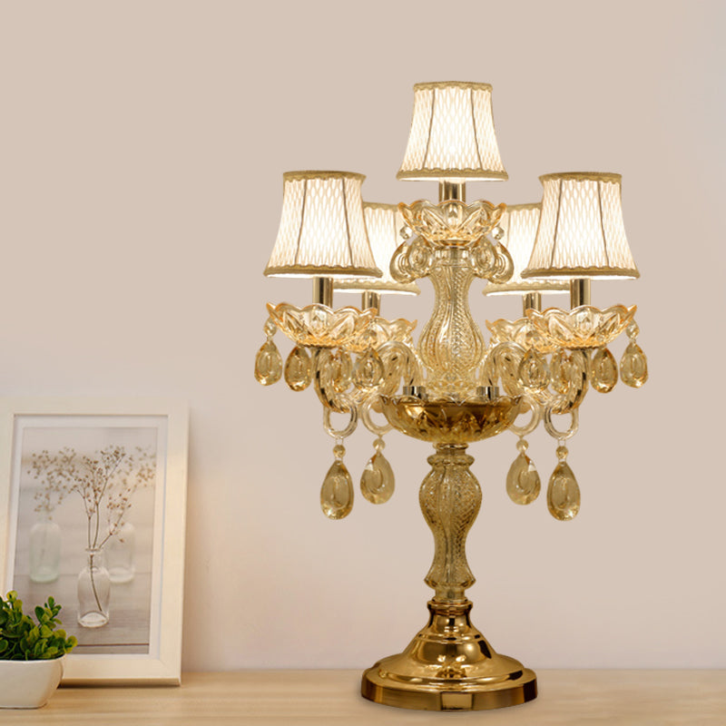 Gold 5/6/7 Bulbs Night Stand Lamp Traditional Clear Crystal Candlestick Table Light with White Bell Fabric Shade 5.0 Gold Clearhalo 'Lamps' 'Table Lamps' Lighting' 1503203