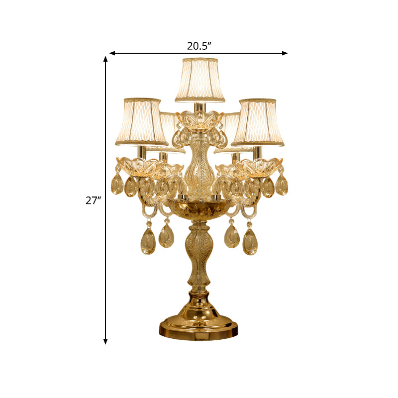 Gold 5/6/7 Bulbs Night Stand Lamp Traditional Clear Crystal Candlestick Table Light with White Bell Fabric Shade Clearhalo 'Lamps' 'Table Lamps' Lighting' 1503206