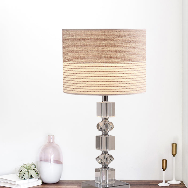 1 Head Drum/Barrel Shaded Table Light Traditional Beige Clear Beveled Crystal Night Stand Lamp Clearhalo 'Lamps' 'Table Lamps' Lighting' 1503218