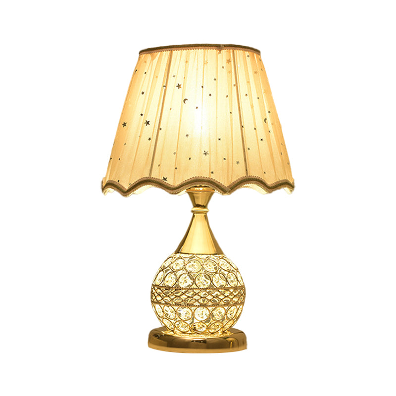 Crystal Embedded Gold Nightstand Lamp Sphere Framed 1 Bulb Traditional Table Light with Star-Patterned Shade Clearhalo 'Lamps' 'Table Lamps' Lighting' 1503236