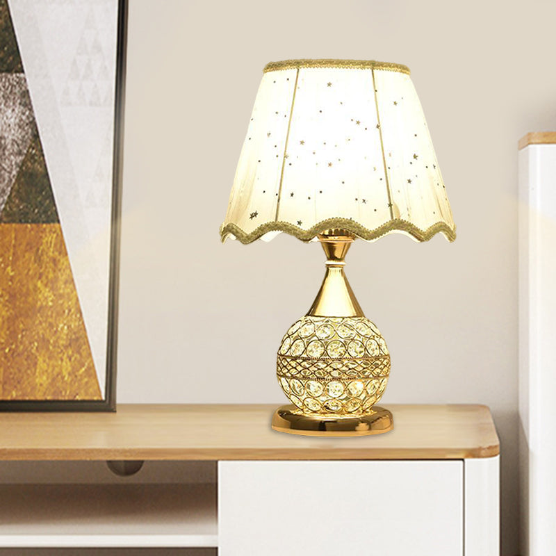 Crystal Embedded Gold Nightstand Lamp Sphere Framed 1 Bulb Traditional Table Light with Star-Patterned Shade Clearhalo 'Lamps' 'Table Lamps' Lighting' 1503241
