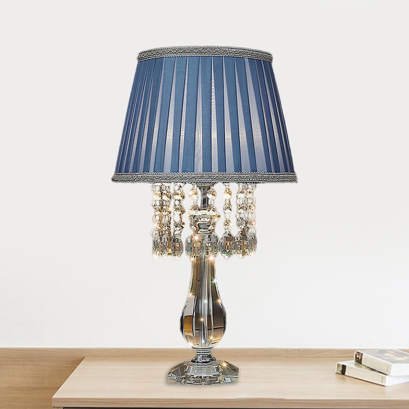 Beige/Burgundy/Sky Blue 1 Bulb Nightstand Lamp Traditional Clear Crystal Beads Bell/Pleated Shade Table Light for Bedroom Clearhalo 'Lamps' 'Table Lamps' Lighting' 1503250