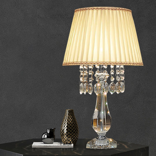 Beige/Burgundy/Sky Blue 1 Bulb Nightstand Lamp Traditional Clear Crystal Beads Bell/Pleated Shade Table Light for Bedroom Clearhalo 'Lamps' 'Table Lamps' Lighting' 1503265
