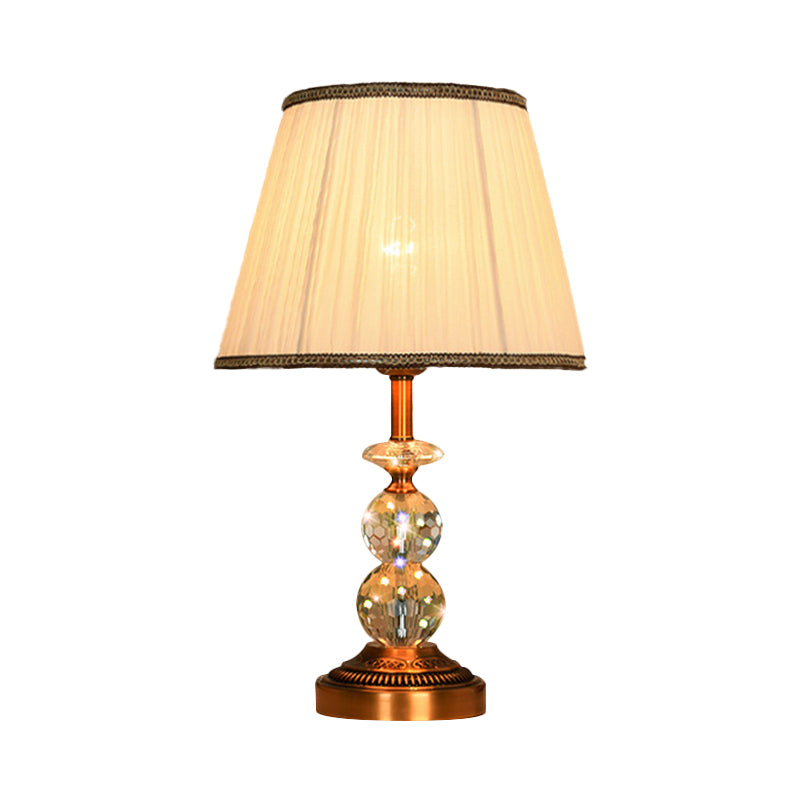 1 Bulb Pleated Fabric Night Stand Lamp Traditional Pink and White/Pink/Coffee Cylinder/Tapered Parlor Table Light with Faceted Crystal Orbs Clearhalo 'Lamps' 'Table Lamps' Lighting' 1503274