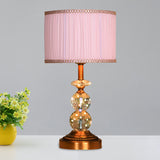 1 Bulb Pleated Fabric Night Stand Lamp Traditional Pink and White/Pink/Coffee Cylinder/Tapered Parlor Table Light with Faceted Crystal Orbs Brass C Clearhalo 'Lamps' 'Table Lamps' Lighting' 1503276