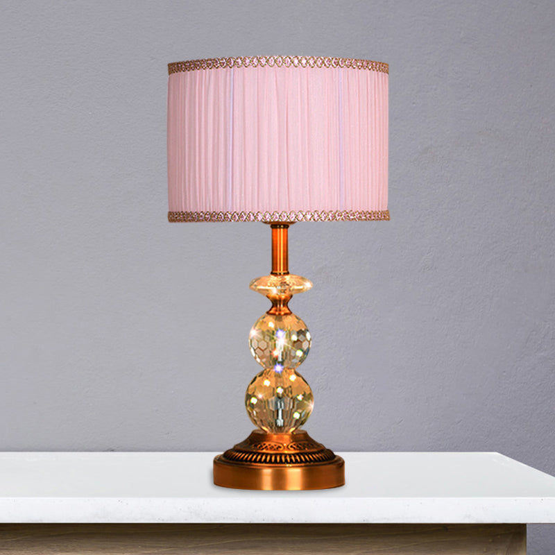 1 Bulb Pleated Fabric Night Stand Lamp Traditional Pink and White/Pink/Coffee Cylinder/Tapered Parlor Table Light with Faceted Crystal Orbs Clearhalo 'Lamps' 'Table Lamps' Lighting' 1503277
