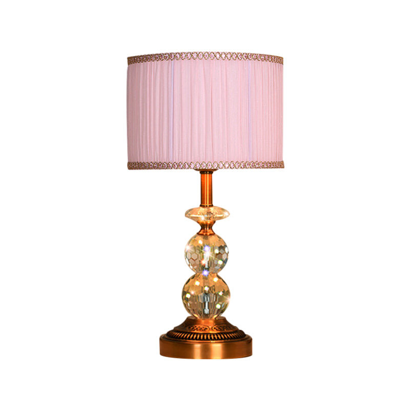 1 Bulb Pleated Fabric Night Stand Lamp Traditional Pink and White/Pink/Coffee Cylinder/Tapered Parlor Table Light with Faceted Crystal Orbs Clearhalo 'Lamps' 'Table Lamps' Lighting' 1503278