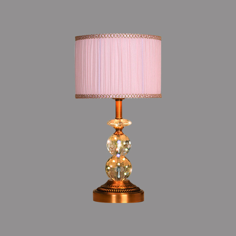 1 Bulb Pleated Fabric Night Stand Lamp Traditional Pink and White/Pink/Coffee Cylinder/Tapered Parlor Table Light with Faceted Crystal Orbs Clearhalo 'Lamps' 'Table Lamps' Lighting' 1503279