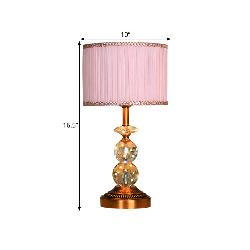 1 Bulb Pleated Fabric Night Stand Lamp Traditional Pink and White/Pink/Coffee Cylinder/Tapered Parlor Table Light with Faceted Crystal Orbs Clearhalo 'Lamps' 'Table Lamps' Lighting' 1503280