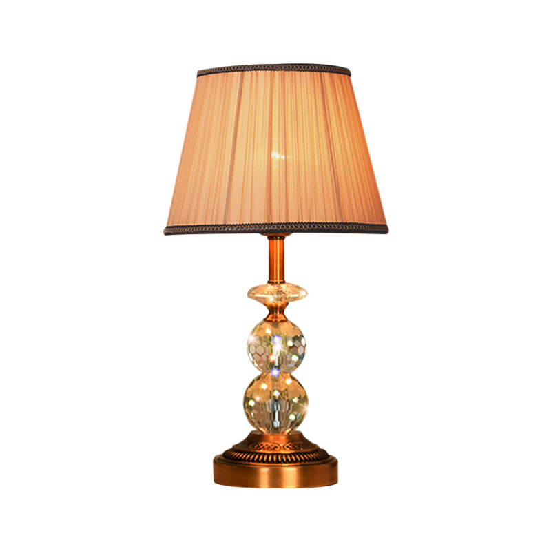 1 Bulb Pleated Fabric Night Stand Lamp Traditional Pink and White/Pink/Coffee Cylinder/Tapered Parlor Table Light with Faceted Crystal Orbs Clearhalo 'Lamps' 'Table Lamps' Lighting' 1503284
