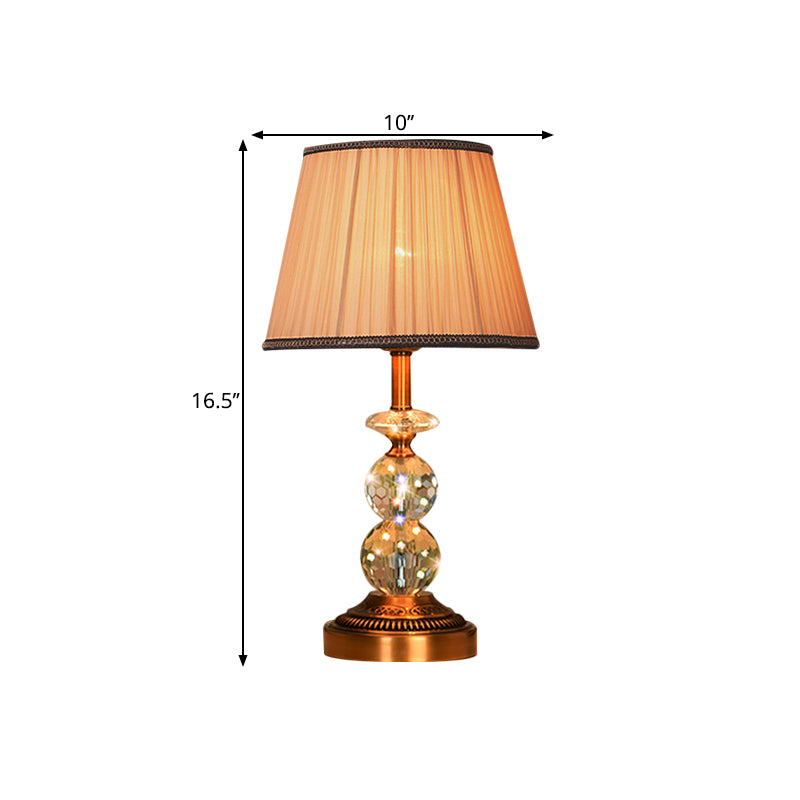 1 Bulb Pleated Fabric Night Stand Lamp Traditional Pink and White/Pink/Coffee Cylinder/Tapered Parlor Table Light with Faceted Crystal Orbs Clearhalo 'Lamps' 'Table Lamps' Lighting' 1503285