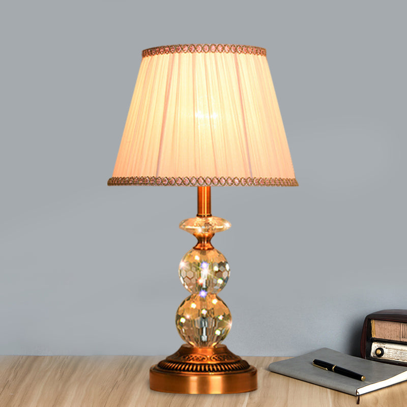 1 Bulb Pleated Fabric Night Stand Lamp Traditional Pink and White/Pink/Coffee Cylinder/Tapered Parlor Table Light with Faceted Crystal Orbs Clearhalo 'Lamps' 'Table Lamps' Lighting' 1503287