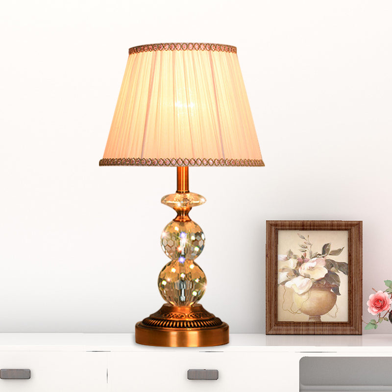 1 Bulb Pleated Fabric Night Stand Lamp Traditional Pink and White/Pink/Coffee Cylinder/Tapered Parlor Table Light with Faceted Crystal Orbs Clearhalo 'Lamps' 'Table Lamps' Lighting' 1503288