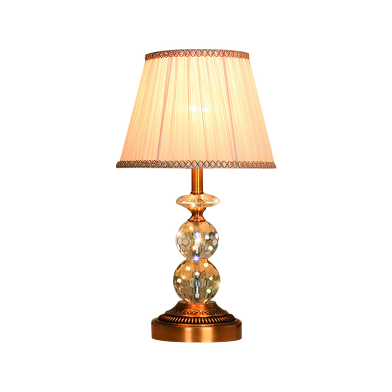 1 Bulb Pleated Fabric Night Stand Lamp Traditional Pink and White/Pink/Coffee Cylinder/Tapered Parlor Table Light with Faceted Crystal Orbs Clearhalo 'Lamps' 'Table Lamps' Lighting' 1503289