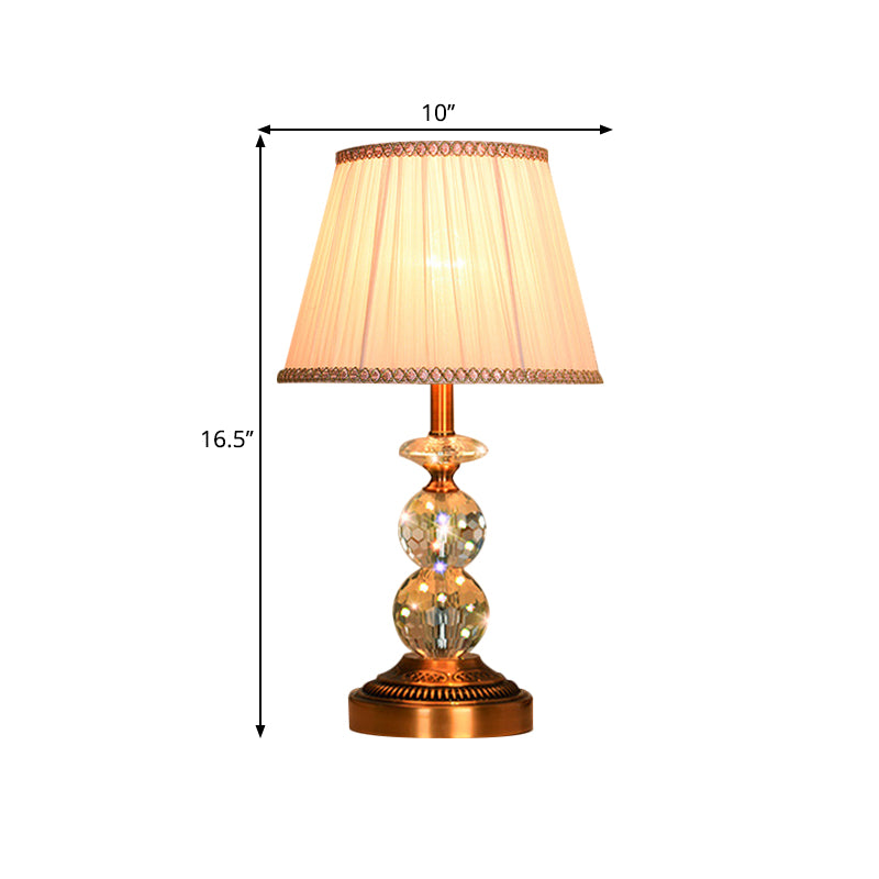 1 Bulb Pleated Fabric Night Stand Lamp Traditional Pink and White/Pink/Coffee Cylinder/Tapered Parlor Table Light with Faceted Crystal Orbs Clearhalo 'Lamps' 'Table Lamps' Lighting' 1503290