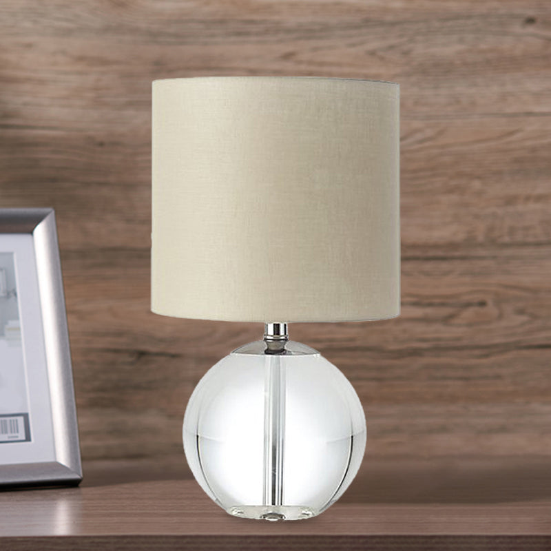 Beige 1 Head Nightstand Lamp Traditional Fabric Cylindrical Shade Table Light with Crystal Spherical Base Clearhalo 'Lamps' 'Table Lamps' Lighting' 1503292