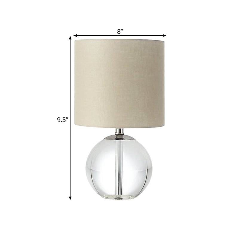Beige 1 Head Nightstand Lamp Traditional Fabric Cylindrical Shade Table Light with Crystal Spherical Base Clearhalo 'Lamps' 'Table Lamps' Lighting' 1503294