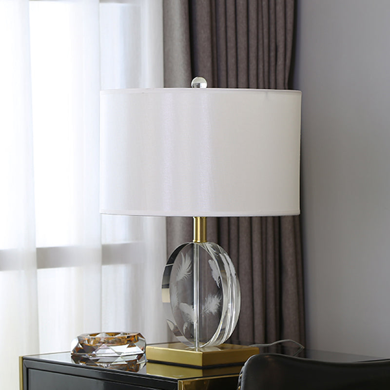 Fabric White Table Light Cylinder Shade 1 Bulb Traditional Night Stand Lamp with Clear Circular Crystal Clearhalo 'Lamps' 'Table Lamps' Lighting' 1503304